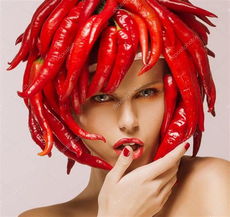 Glamour Hot Chili Pepper On Shiny Woman S Face Creative Concept Stock