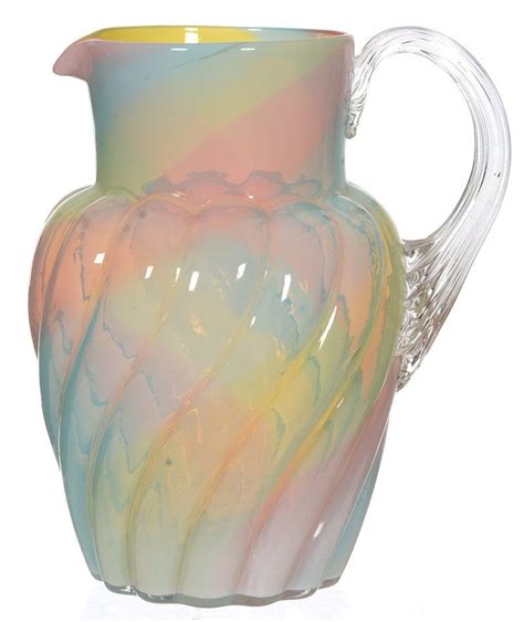 8 1 4 Cased Rainbow Art Glass Water Pitcher ~ Ribbed Swirl Design ~ Clear Ribbed Applied Handle