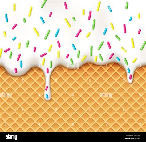 Realistic Ice Cream Drip On Wafer Cone Background With Candy Sprinkles