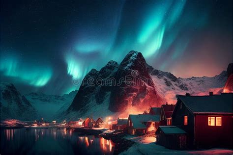 Northern Lights Over A Village In Norway Ai Generated Stock Photo