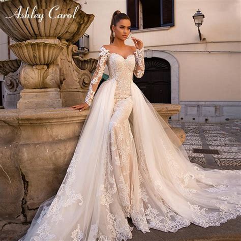 Ashley Carol Sexy Sweetheart Long Sleeve Mermaid Detachable Train Wedding Dress Wedding Dresses