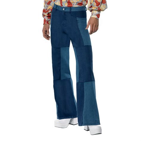 Adult Mens 70s Hippy Patchwork Flares Flared Trousers Jeans