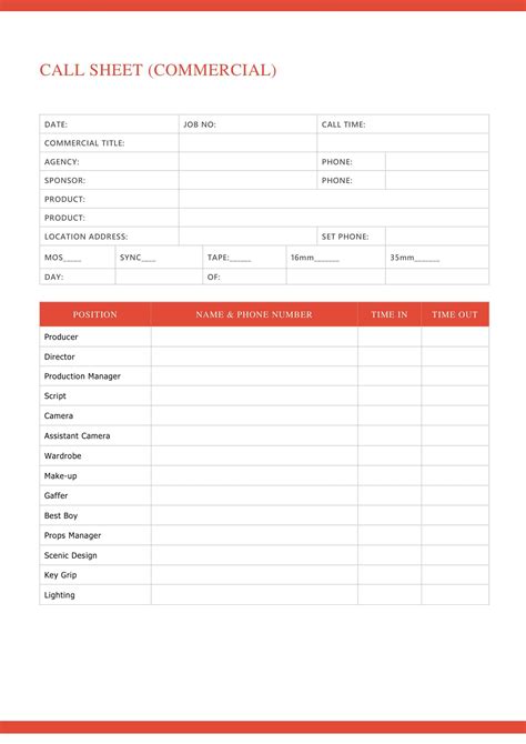 Free Printable Call Sheet Template Pdf Word Excel