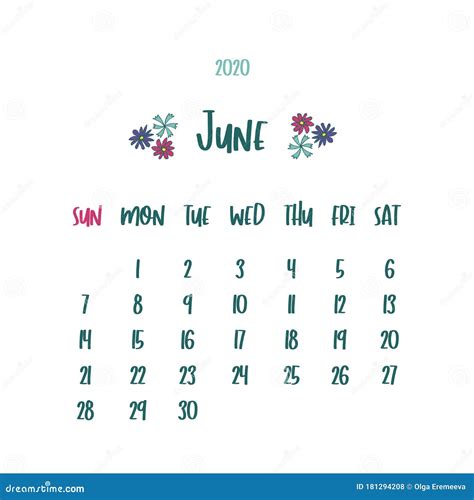 Calendario Per Il Mese Di Giugno 2020 Con Vettore Fiori Illustrazione
