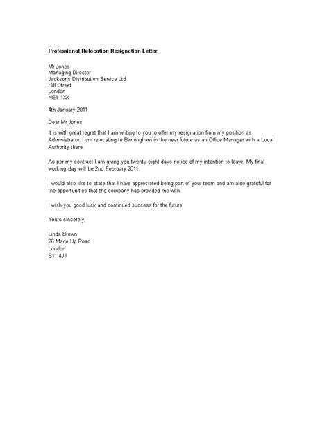 Letter Of Resignation Relocation Sample Resignation Letter