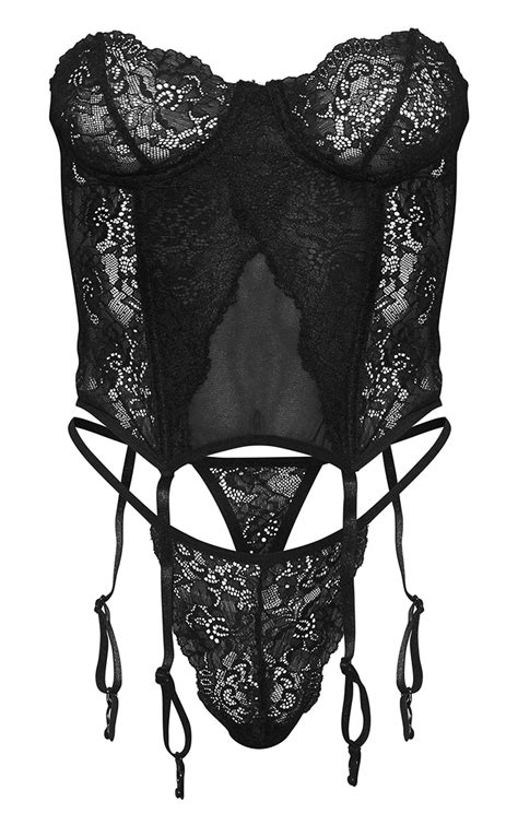 black lace suspender corset lingerie set prettylittlething aus