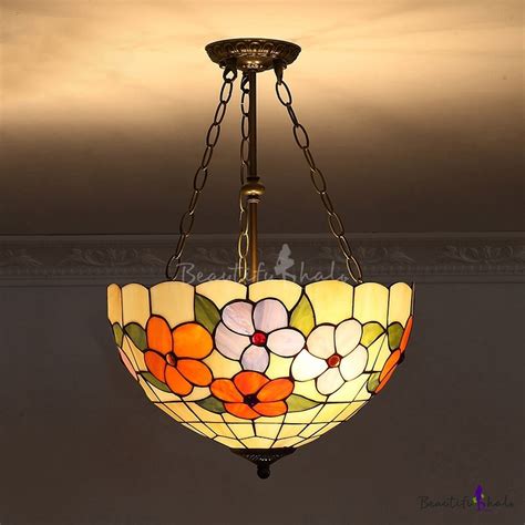 Classic Inverted Bowl Shaped Pendant Light Tiffany Glass Ceiling