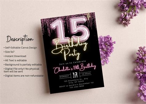 Editable 15th Birthday Invitation Template Printable Pink Balloon