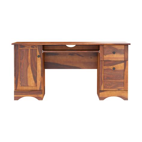 Gisela Rustic Solid Wood Computer Desk With Cabinet And Drawers
