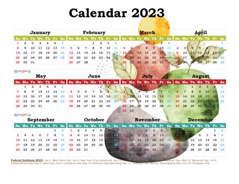2023 Calendar With Holidays Free Printable Watercolor Y2746bookman