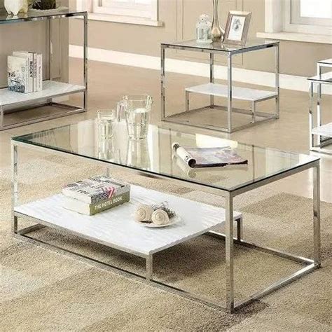 Silver Glass Stainless Steel Tea Table With White Marble Size