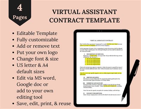 Editable Virtual Assistant Contract Template Personal Etsy Australia