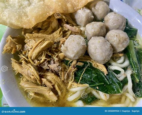 Indonesian Food Mie Ayam Bakso Noodles With Chicken And Served With