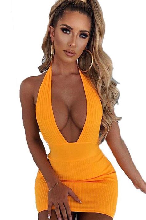 New Super Sexy Deep V Neck Halter Dress In Yellow Red Black Shopperboard