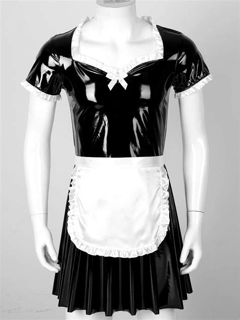 mens male sissy maid dress cosplay costume clubwear short puff sleeve wetlook latex maid servant