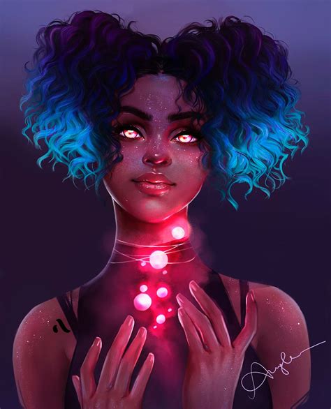 An Illustration Of A Woman With Blue Hair And Glowing Lights On Her