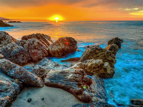 Sunset Rocks Sea Beach Background Hd 08523