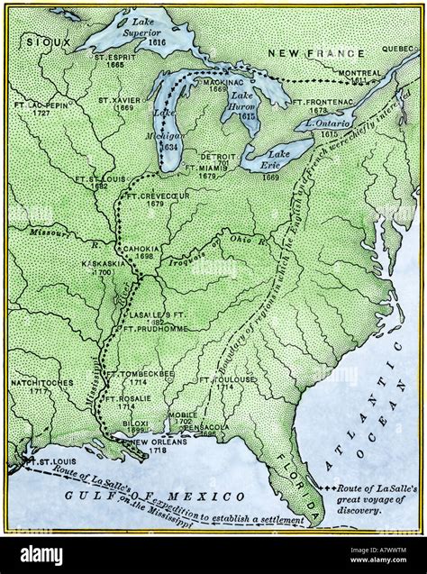 Route Of The La Salle Expeditions In North America In The Late 1600s