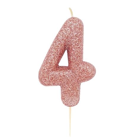 Age 4 Glitter Numeral Moulded Pick Candle Rose Gold Partytime Malta