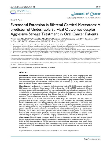Pdf Extranodal Extension In Bilateral Cervical Metastases A Predictor Of Undesirable Survival