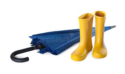 Set With Yellow Rubber Boots On White Background Banner Design Stock