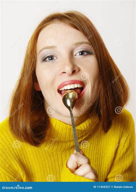 Girl With A Spoon Stock Image Image Of Home Cream Mouth 11444327