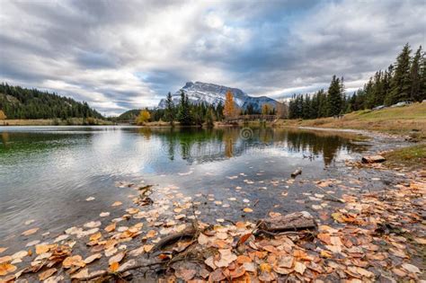 Cascade Ponds With Mount Rundle And Wooden Bridge In Autumn Forest At
