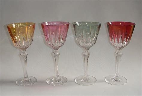 Antique Baccarat Cut And Colored Crystal Wine Glasses From