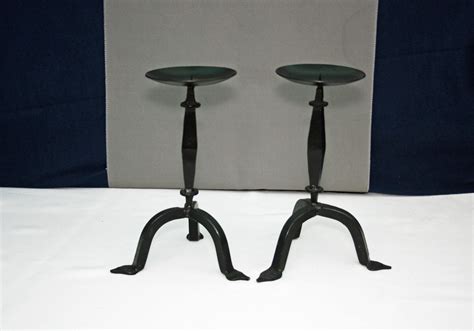 Pair Hand Forged Wrought Iron Tri Foot Tabletop Candlesticks Set Of 2