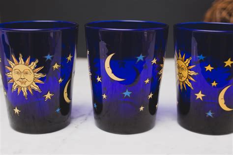 3 Blue Drinking Glasses 14oz Vintage Libbey Cobalt Blue Celestial Sun