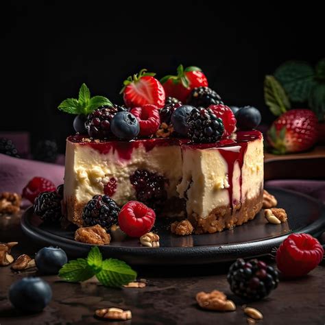 Premium Ai Image Cheesecake With Fresh Berries On Dark Background