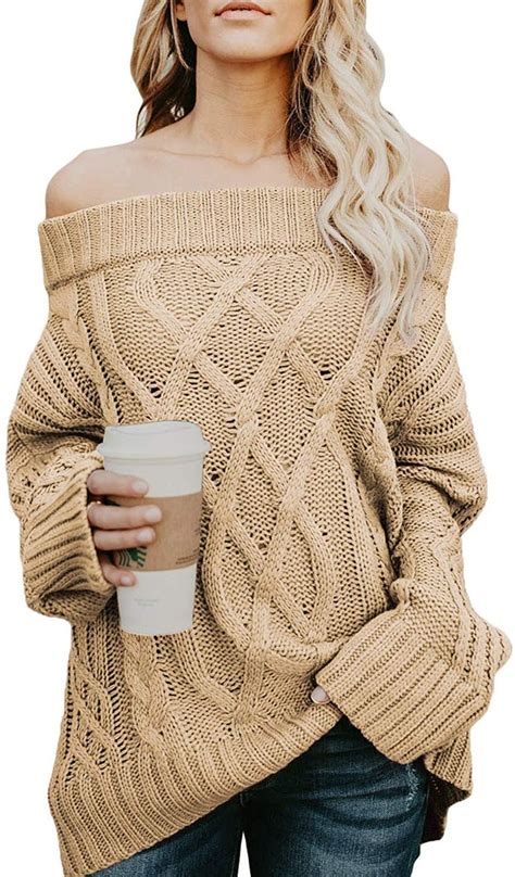 Astylish Knitted Off The Shoulder Oversized Sweater In Tan Amazon