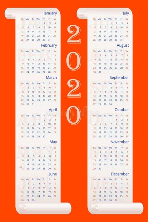 Calendario Rojo De Pared 2020 En Pergaminos De Gradiente Claro Con