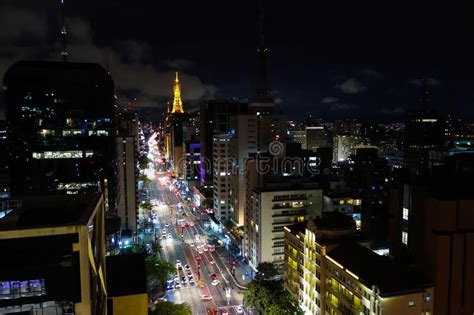 Paulista Avenue Sao Paulo Cityscape Panoramic Night Stock Photo