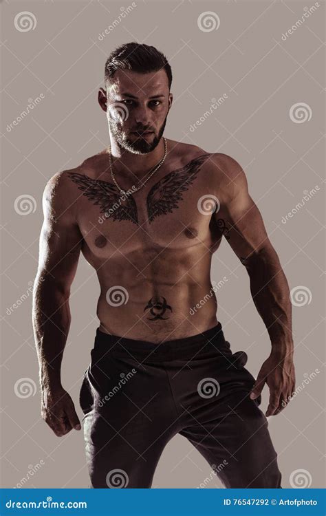 Handsome Topless Muscular Man Standing Stock Photo Image Of Happy