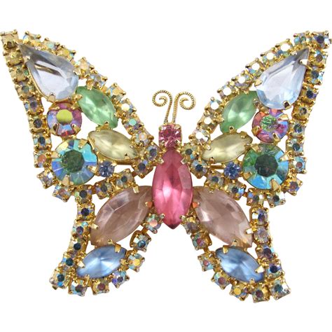 Vintage Signed Weiss Pastel Rhinestone Butterfly Brooch From