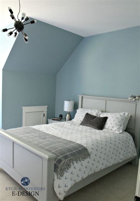 Restful grey toned bedroom with colourful wall mural. A Modern Farmhouse Style Home: Paint Colours and More!