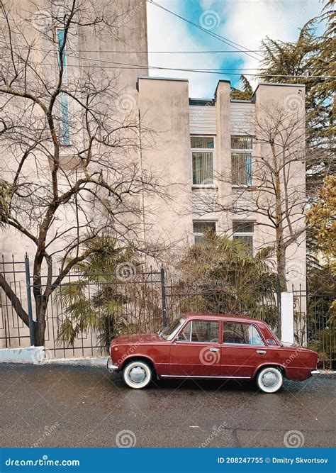 A Car Parked In Front Of A Building Retro Soviet Style Ussr Stock Image