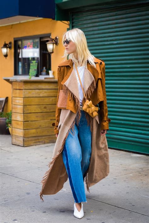 With A Fringed Duster Mom Jeans And A Trench Coat White Pumps For
