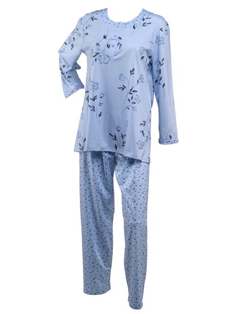 Ladies Jersey Cotton Floral Pyjamas Set S Xl Blue Or Pink Mill