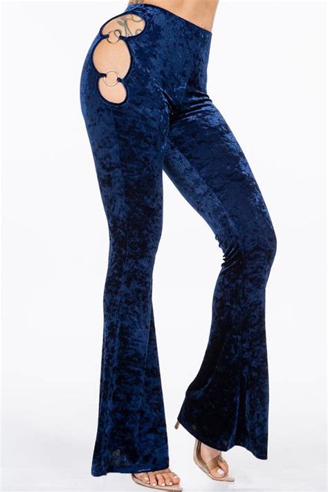 Velvet Bell Bottoms With Side Cut Out And Ring Gray Fashion