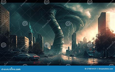 Apocalyptic Scene Of City In Tornado S Path Destructive Force At Its