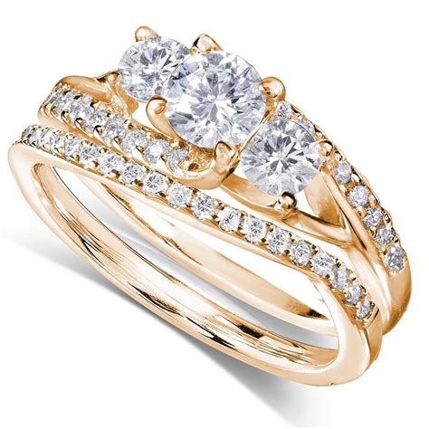 Gia Certified Carat Trilogy Round Diamond Wedding Ring Set In Yellow Gold Jeenjewels