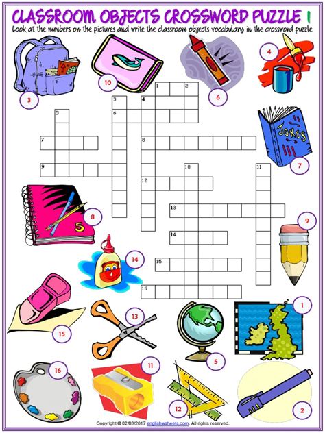 Classroom Objects Vocabulary Esl Crossword Puzzle Worksheet For Kids