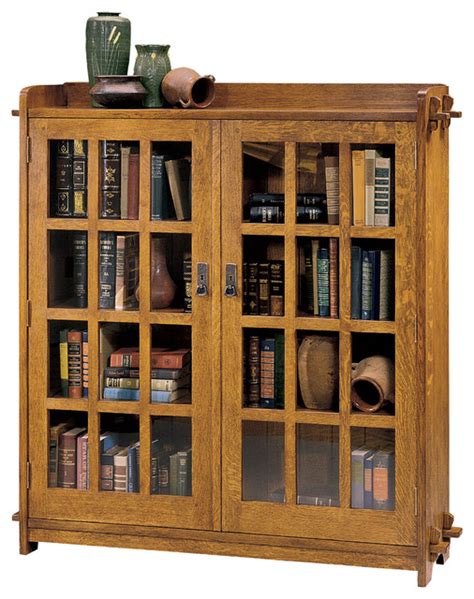 Iwaki bookshelf/display cabinet with glass door (3 drawer configuration, 110 book book capacity, columbian walnut finish). Stickley Double Bookcase with Glass Doors 89-645