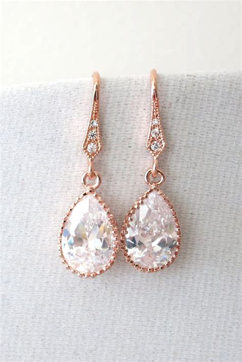 Rose Gold Cubic Zirconia Teardrop Earrings Gifts For Her Etsy