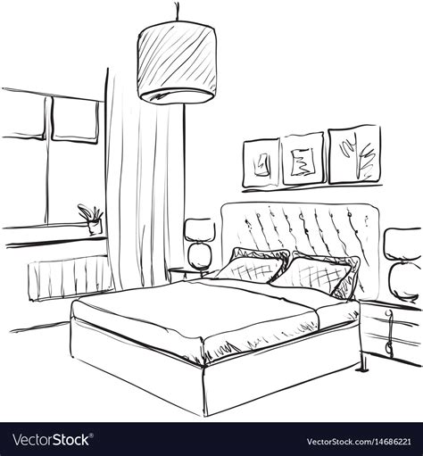 Bedroom Interior Sketch Hand Drawn Furniture Vector Image