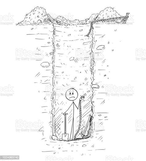 Cartoon Of Man Trapped Inside Deep Hole Or Water Well He Dig In The