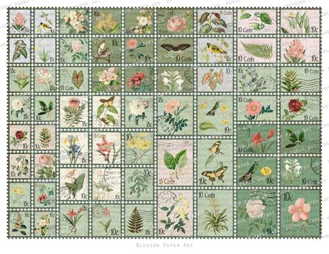 Printable Postage Stamps Collage Sheet Green Postage Stamps Etsy