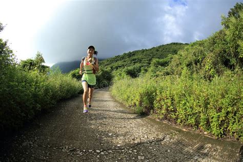 Trail Runner Athlete Running On Forest Trail Stock Photo Image Of